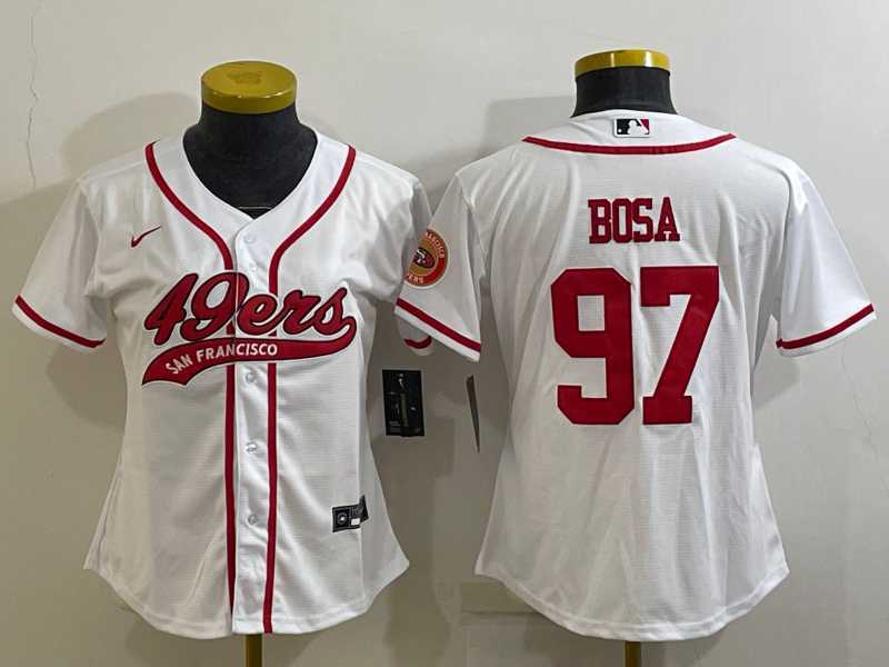 Womens San Francisco 49ers #97 Nick Bosa White With Patch Cool Base Stitched Baseball Jersey